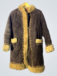 Brown Suede Sheepskin Coat with Fur Trim and Embro..