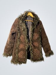 Brown Faux Fur Trimmed Jacket with Paisley Embroid..