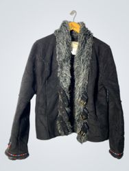 Black Faux Fur Trimmed Jacket with Embroidered Cuf..