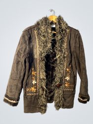 Brown Faux Fur Trimmed Jacket with Floral Embroide..