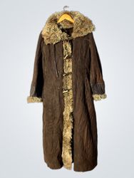 Long Brown Suede Coat with Fur Trim