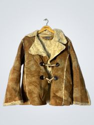 Brown Suede Sherpa Lined Jacket with Toggle Closur..