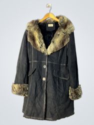 VILLA BLEUE Black Faux Fur Trimmed Coat
