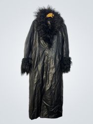 Long Black Faux Leather Coat with Fur Trim
