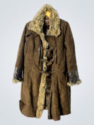 Brown Faux Suede & Fur Trimmed Long Coat