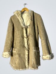 Women's Tan Suede Faux Fur Lined Hooded Duffle Coa..