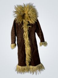 Brown Suede Long Coat with Fur Trim