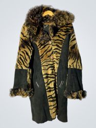 Tiger Print Faux Fur Trimmed Coat