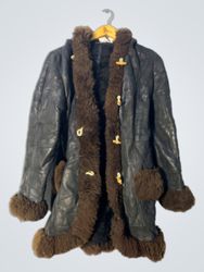 Black Leather Shearling Duffle Coat