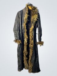 Long Black Leather Coat with Fur Trim