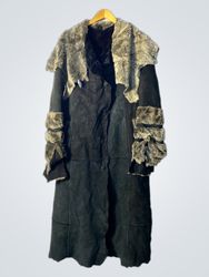 Long Black Suede Coat with Fur Trim