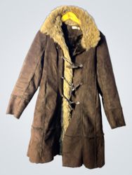 Brown Suede-like Coat with Fur Trim and Toggle Clo..