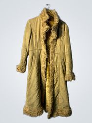 Long tan coat with faux fur trim