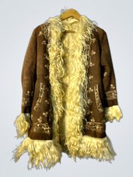 Brown Suede Coat with Cream Fur Trim and Embroider..
