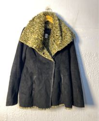 Black Faux Suede Coat with Leopard Print Faux Fur ..