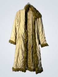 Cream colored faux fur trimmed long coat