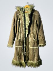 Brown Faux Fur Lined Long Coat with Hood
