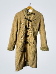 Tan Suede Coat with Floral Embroidery and Toggle C..