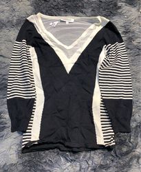 MORGAN Black and White Striped V-Neck Sheer Panel ..