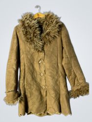 Brown Suede-like Coat with Fur Trim