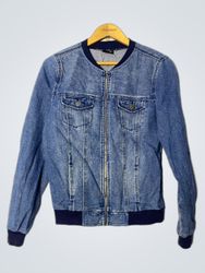 Denim Bomber Jacket with Floral Embroidery on Back