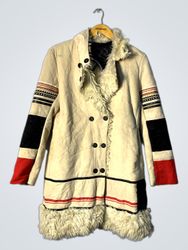 Beige Coat with Fur Trim and Striped Sleeves