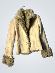 Women's Beige Faux Fur Trimmed Suede Jacket