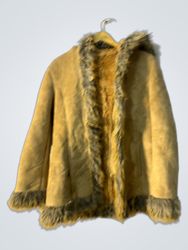 Tan Suede-like Jacket with Faux Fur Trim and Hood