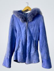 Blue Suede Jacket with Fur Hood