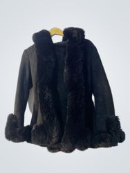 Black Suede Coat with Fur Trim