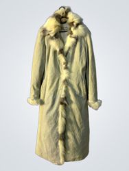 ET Beige Suede Fur Trimmed Long Coat Made in Italy