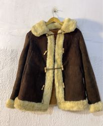 Brown Suede Shearling Lined Jacket with Toggle Clo..