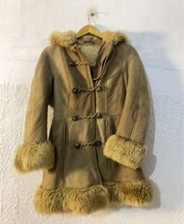 Brown Suede Coat with Fur Trim and Toggle Closures