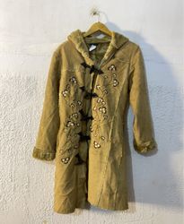 Tan Faux Suede Coat with Embroidered Flowers and T..