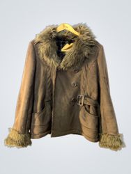 Brown Faux Fur Lined Jacket with Buckle Detail