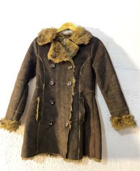 Brown Faux Suede Coat with Fur Trim