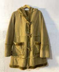 Tan Hooded Duffle Coat with Fur Trim