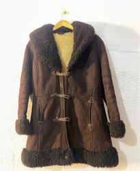 Brown Suede Coat with Fur Trim and Toggle Closures