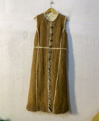 Brown Sleeveless Long Vest with Fur Trim