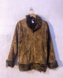 Brown Suede-like Jacket with Faux Fur Trim