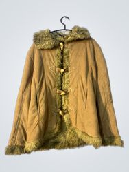 Brown Suede-like Jacket with Fur Trim and Toggle C..