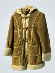 Brown Suede and Sherpa Lined Duffle Coat with Hood