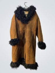 Brown Suede Coat with Black Fur Trim