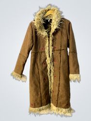 Brown Faux Fur Lined Long Coat with Embroidery