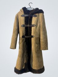 Brown Suede Shearling Coat with Hood and Toggle Cl..