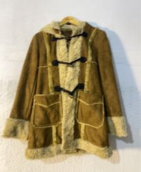Brown Suede and Fur Trimmed Hooded Jacket with Tog..