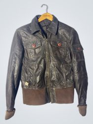 Brown Leather Jacket with Ribbed Cuffs and Hem