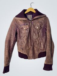 Brown Leather Jacket with Purple Accents
