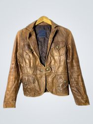 Brown Leather Jacket with Multiple Pockets