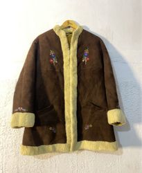 Brown Suede Coat with Embroidered Flowers